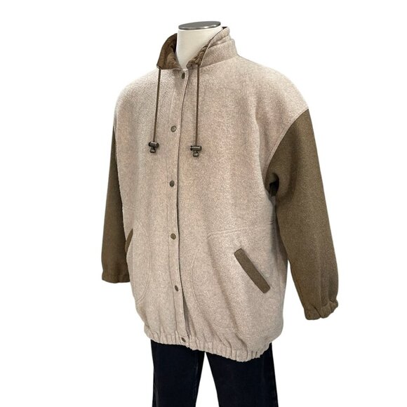 Ladies Sherpa Fleece Jacket L Tan And Olive Oversized Snap Button Coat - Picture 6 of 12